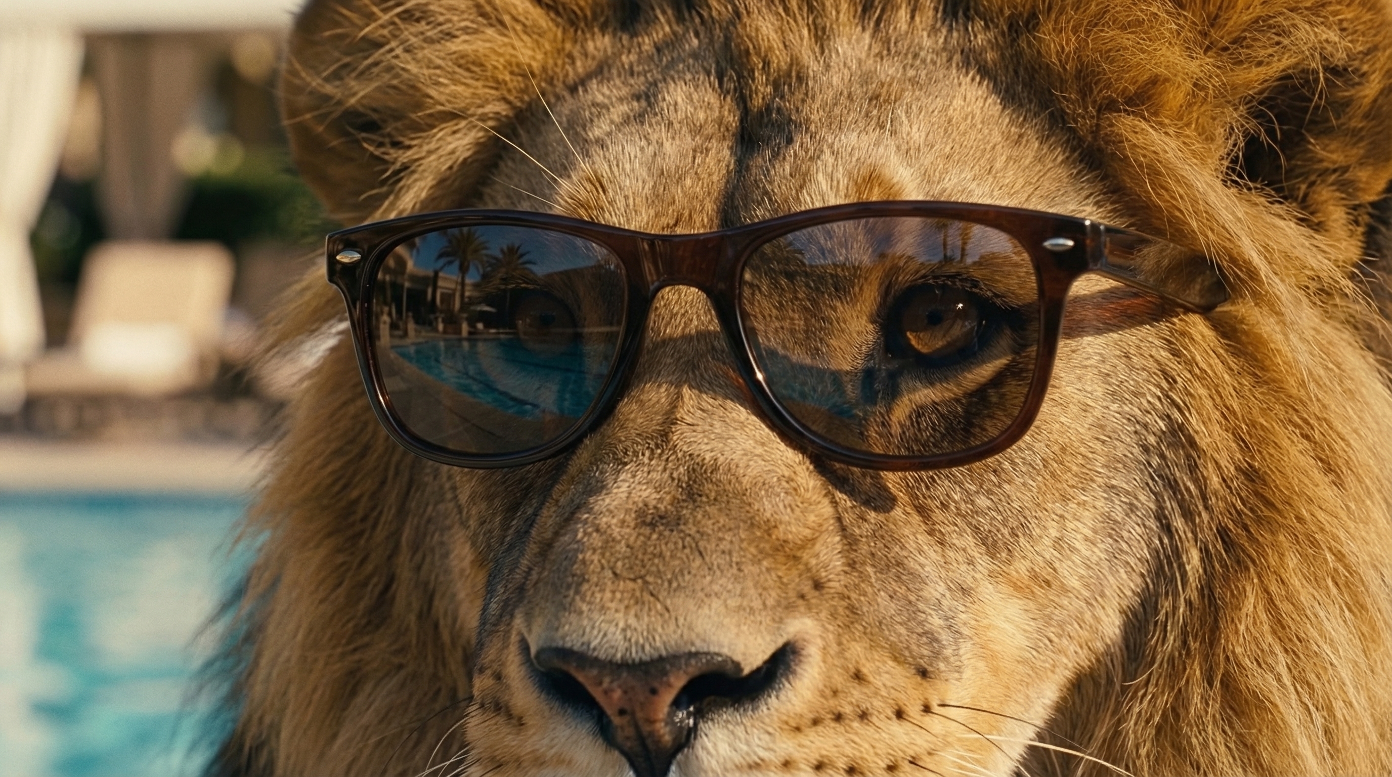 Primer plano de un león con gafas de sol