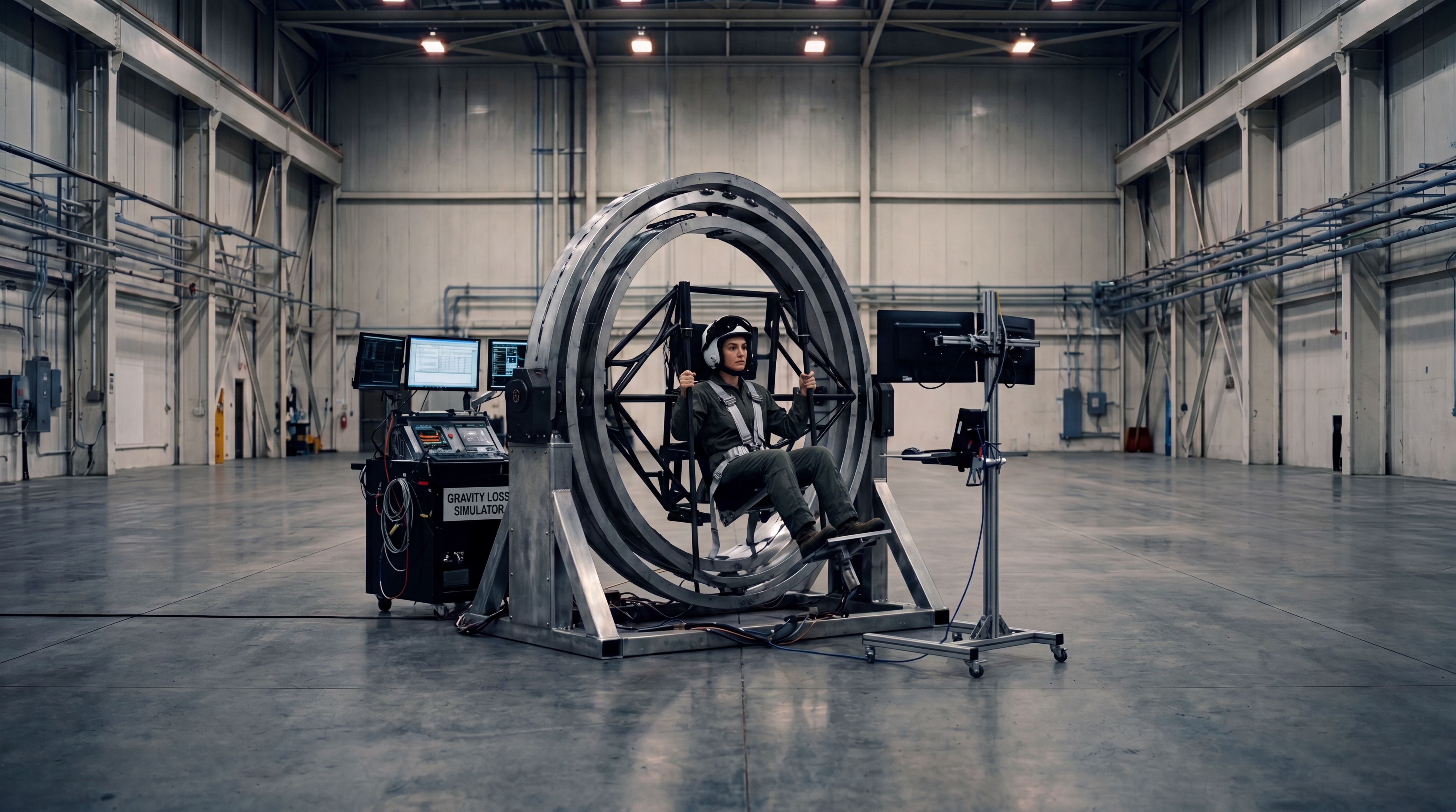 Una persona en un simulador circular dentro de una nave